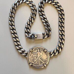 Custom Solid .925 Sterling Silver Miami Curb Chain Vintage Coin Necklace